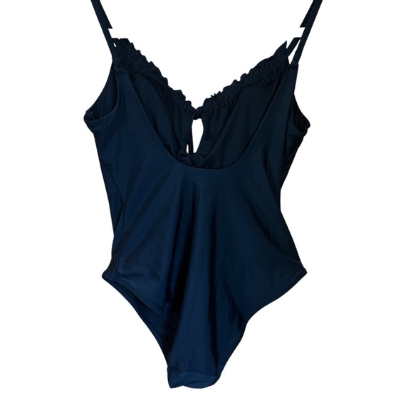 Aerie Black One Piece Swimsuit Ruffle Deep V Tie Front Sz M - Picture 4 of 12